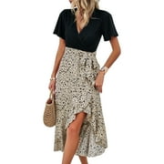 YNIQUE Women Casual Dress V-Neck Short Sleeve Polka Dot Ruffle Chiffon Elegant Long Dresses